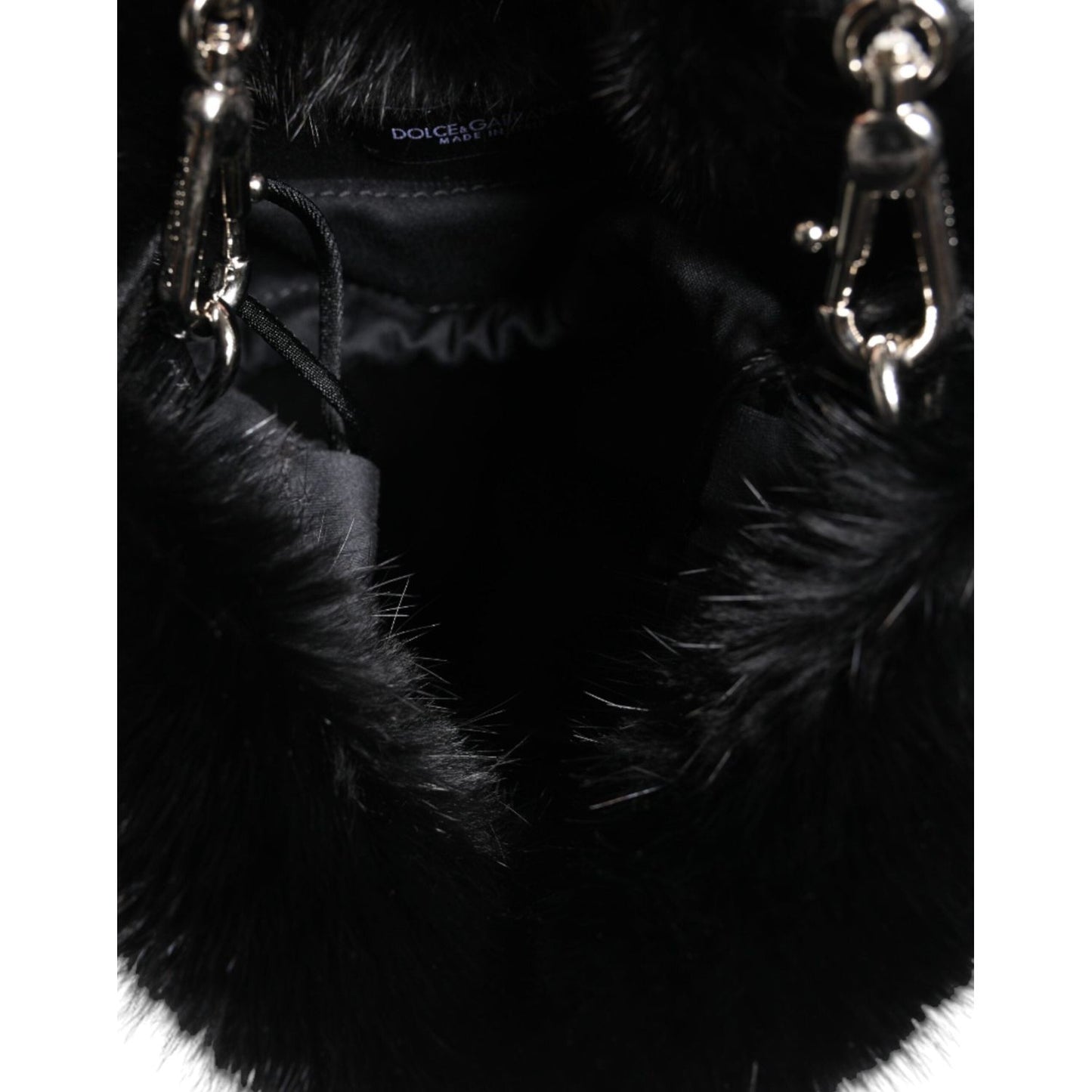 Dolce & Gabbana Black Faux Fur Silver Chain Crossbody Shoulder Purse Bag BAG4151