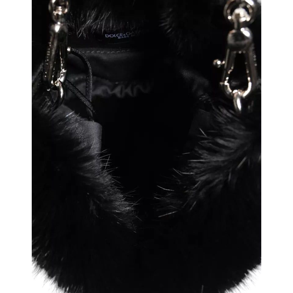 Dolce & Gabbana Black Faux Fur Silver Chain Crossbody Shoulder Purse Bag BAG4151
