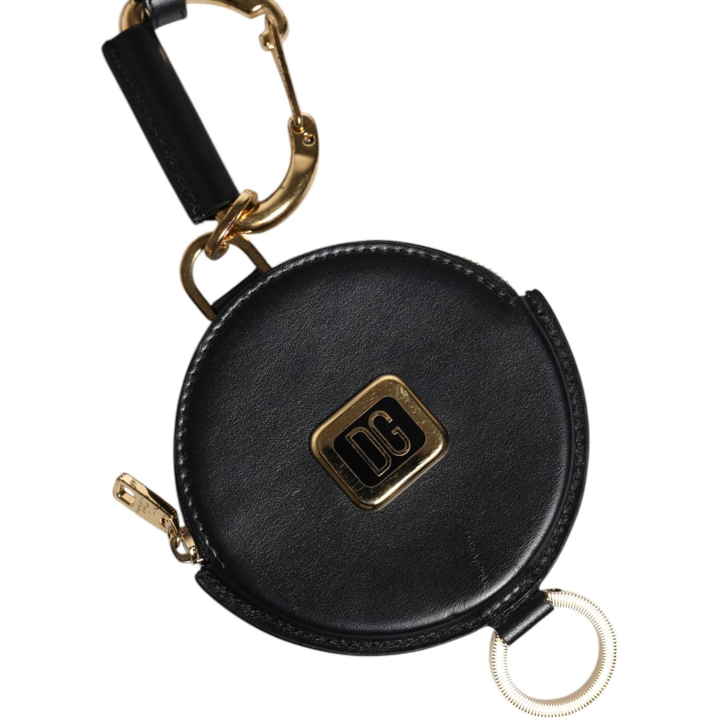 Dolce & Gabbana Black Round Leather DG Logo Coin Purse Lanyard Wallet BAG4199