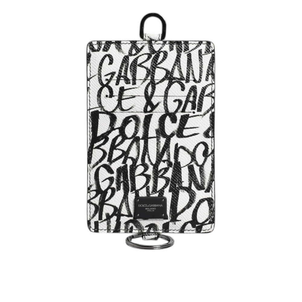Dolce & Gabbana White Leather Lanyard Logo Print Card Holder Wallet BAG4207