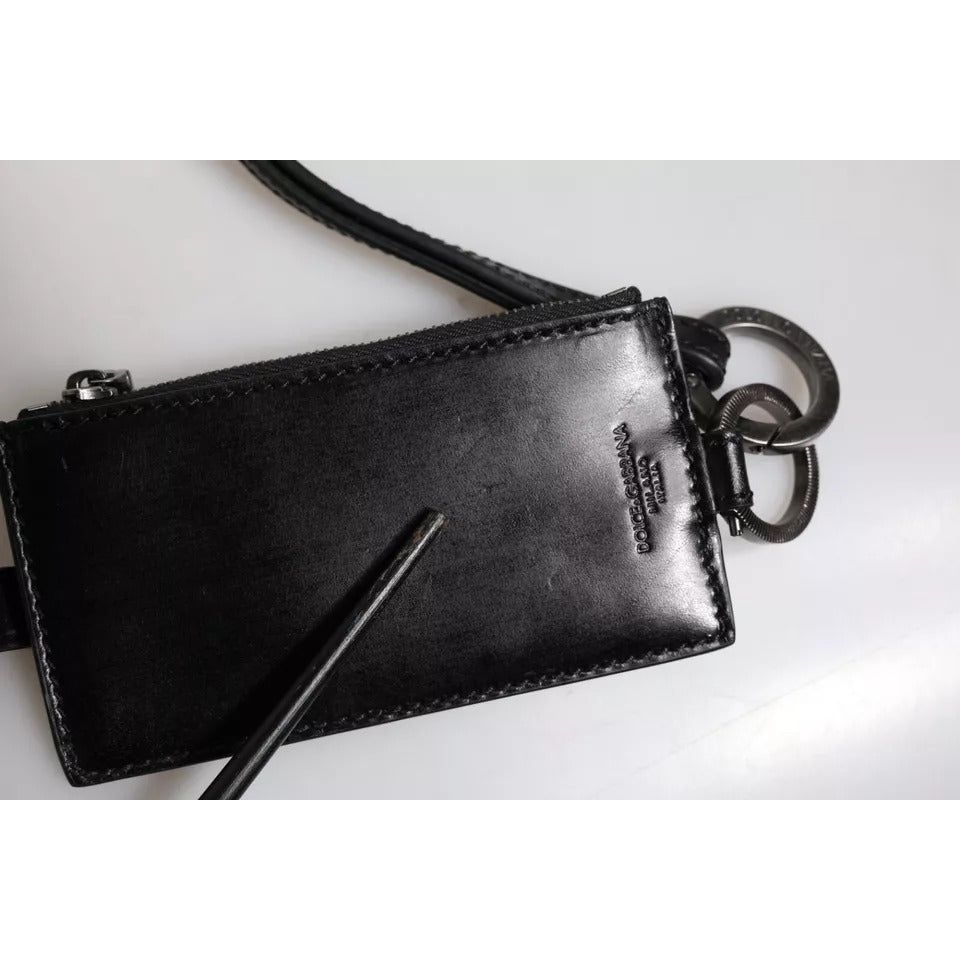Dolce & Gabbana Black Horse Leather Lanyard Logo Card Holder Wallet
