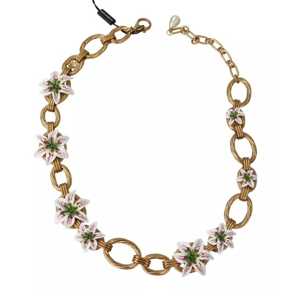 Dolce & Gabbana Gold Brass Oversize Chain LILY Flowers Necklace SMY100337