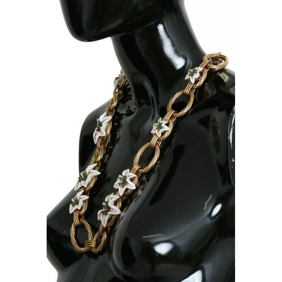 Dolce & Gabbana Gold Brass Oversize Chain LILY Flowers Necklace SMY100337