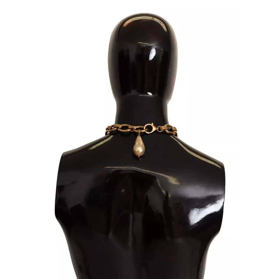 Dolce & Gabbana Gold Brass Chain Crystal Pearl Leopard Pendant Necklace SMY100641