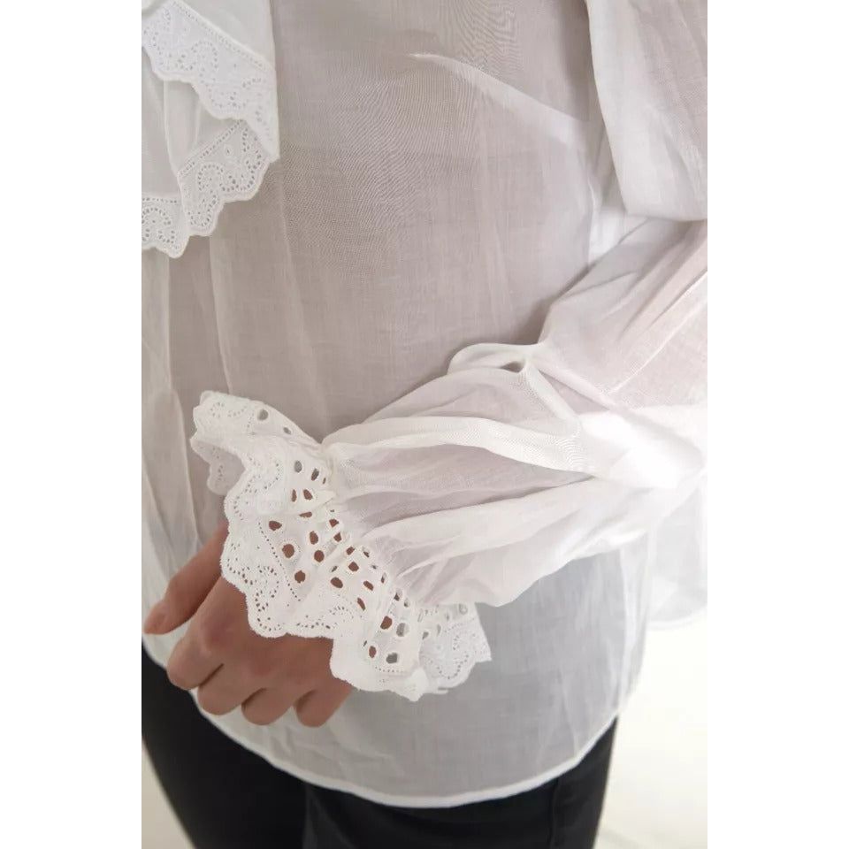 Dolce & Gabbana White Cotton Lace Trim Turtle Neck Blouse TSH83735-46