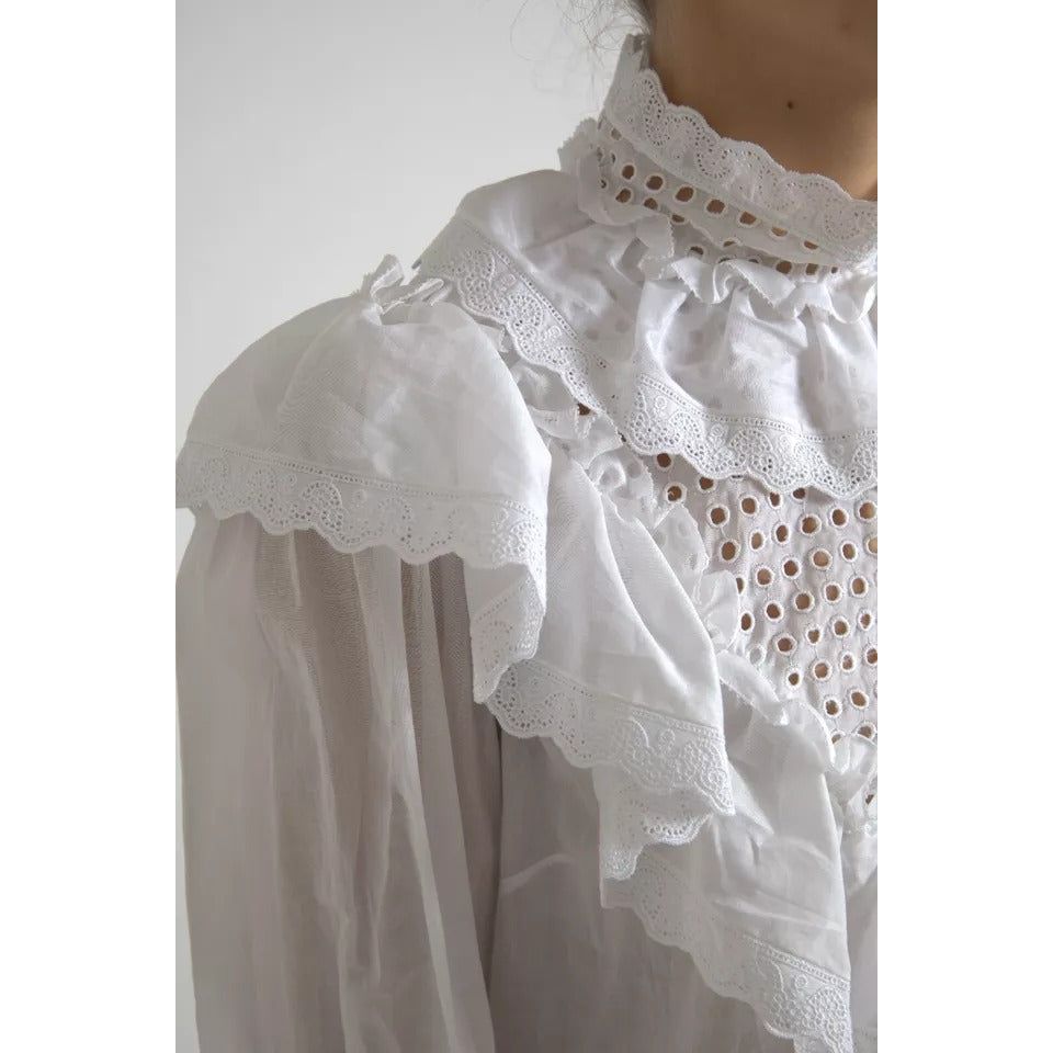 Dolce & Gabbana White Cotton Lace Trim Turtle Neck Blouse TSH83735-46
