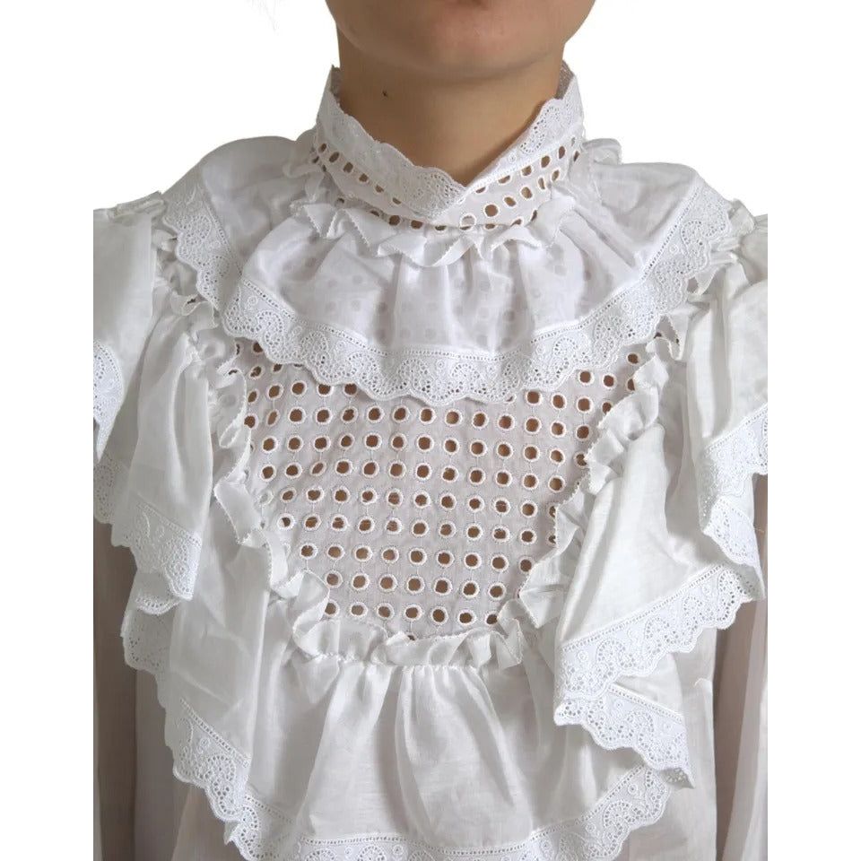 Dolce & Gabbana White Cotton Lace Trim Turtle Neck Blouse TSH83735-46
