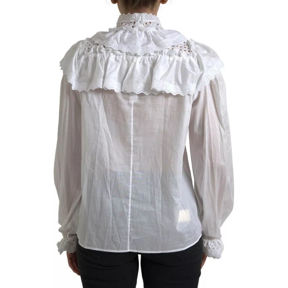 Dolce & Gabbana White Cotton Lace Trim Turtle Neck Blouse TSH83735-46