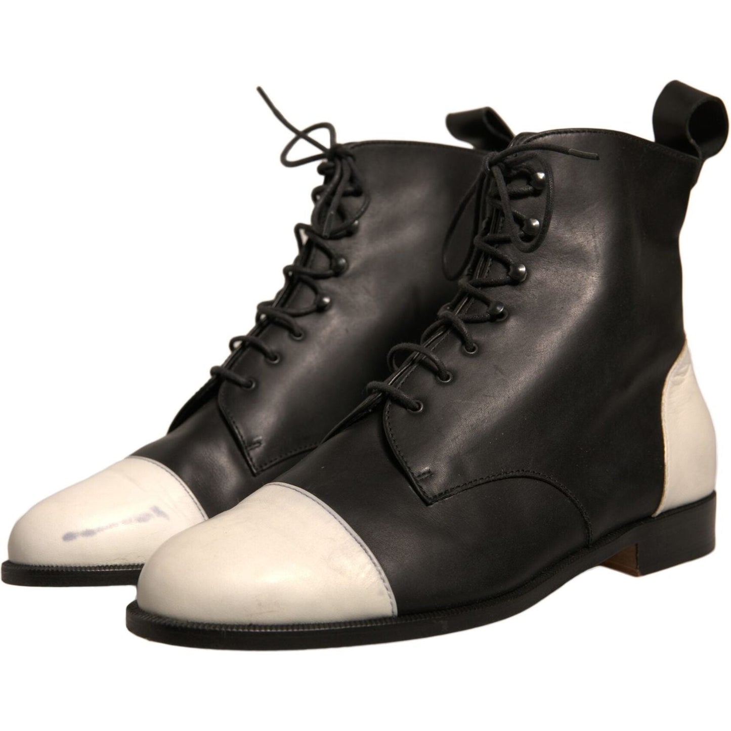 Sergio Rossi Black White Leather Lace Up Flats Ankle Boots Shoes LA12439-40