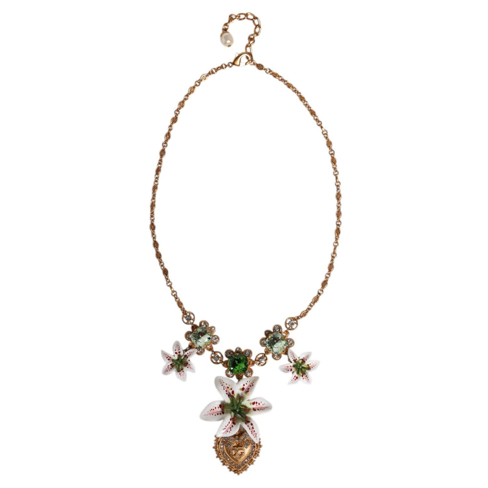 Dolce & Gabbana Gold Brass Lily Crystal Sacred Heart Pendant Necklace SMY10543