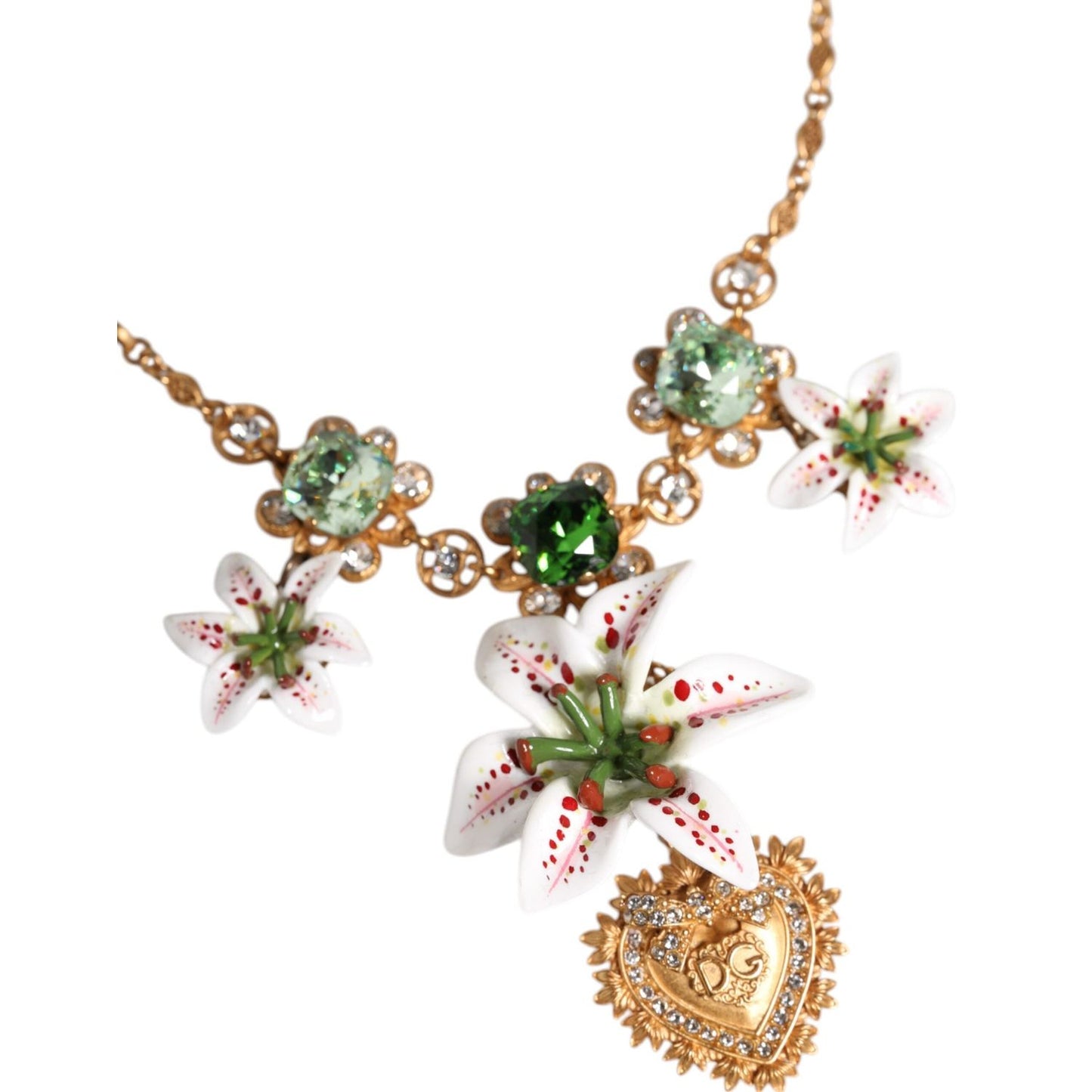 Dolce & Gabbana Gold Brass Lily Crystal Sacred Heart Pendant Necklace SMY10543