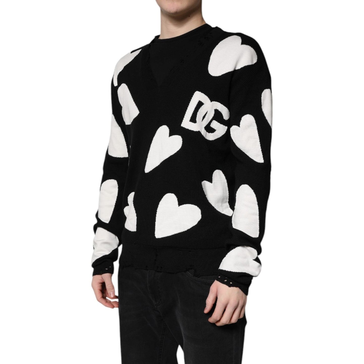 Dolce & Gabbana Black Hearts Silk Crew Neck Pullover Sweater TSH90062-48
