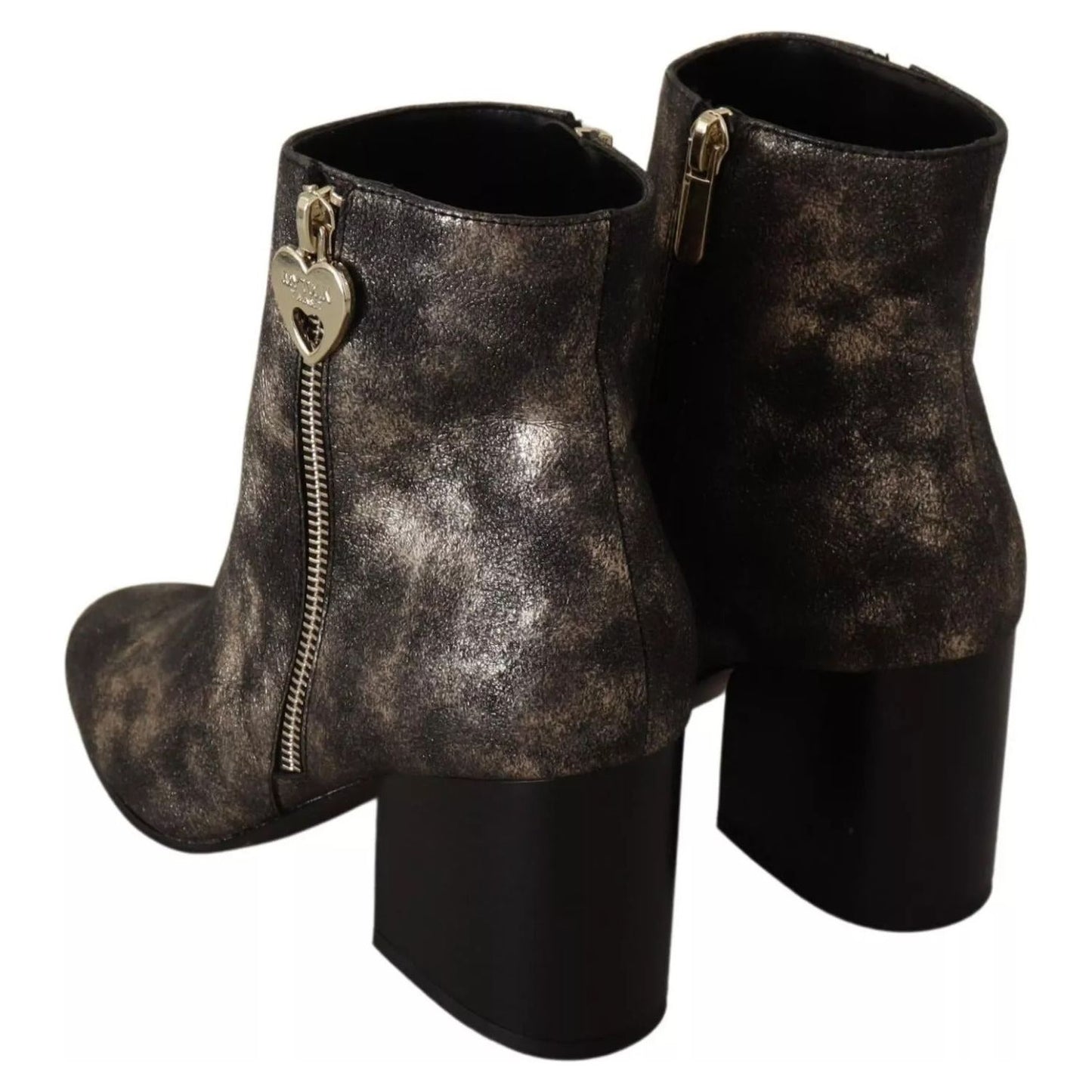 MY TWIN Black Leather Block Heels Ankle Boots Zipper Shoes LA9392-37