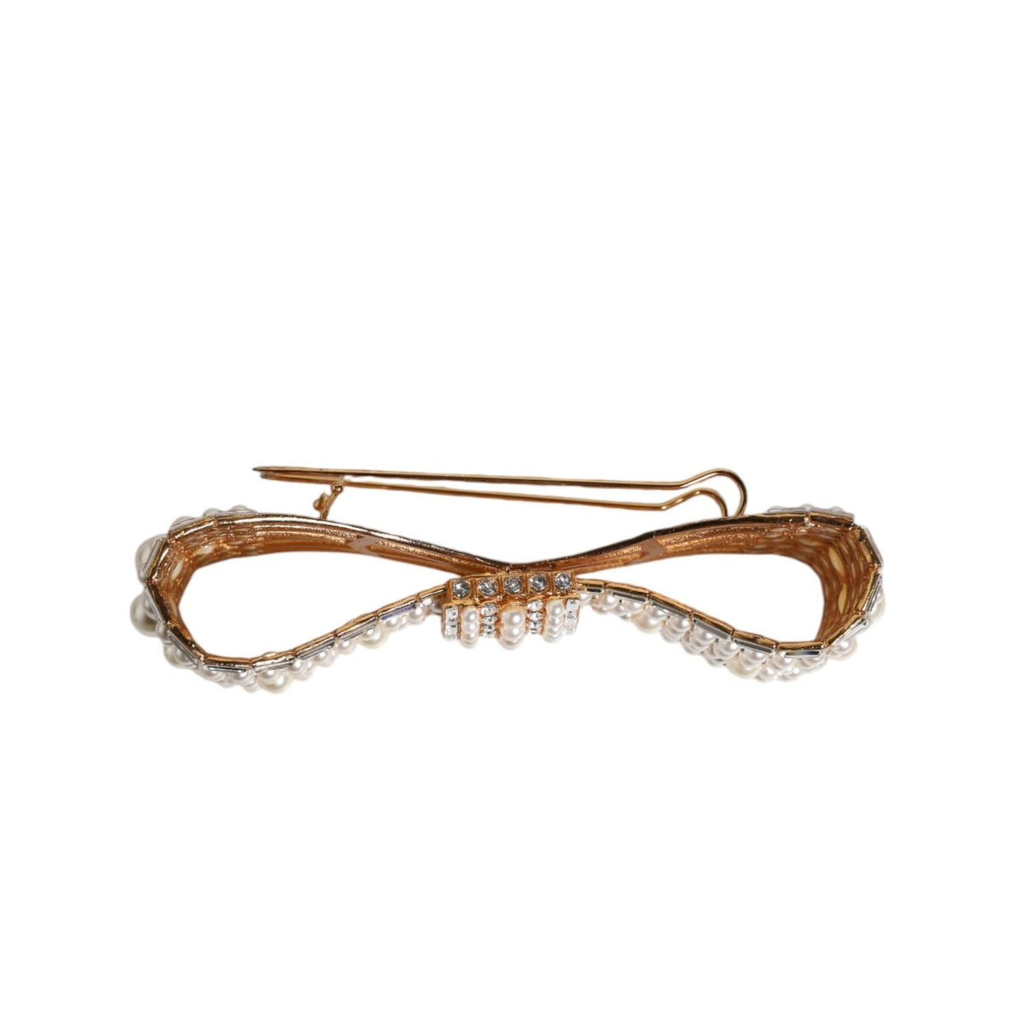 Dolce & Gabbana Gold Tone Brass Bow Crystal FauxPearl Embellished Brooch SMY10433