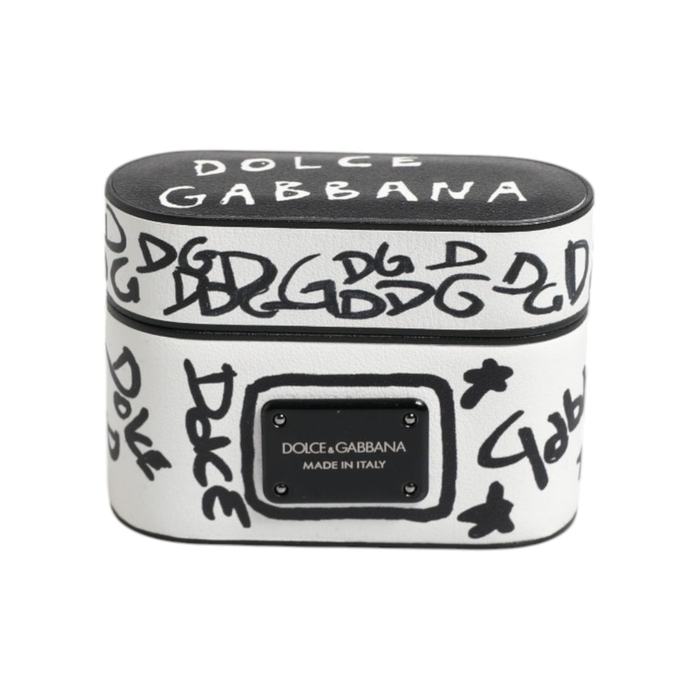 Dolce & Gabbana Black White Leather Scribble Embossed Logo Airpods Case SMY10655