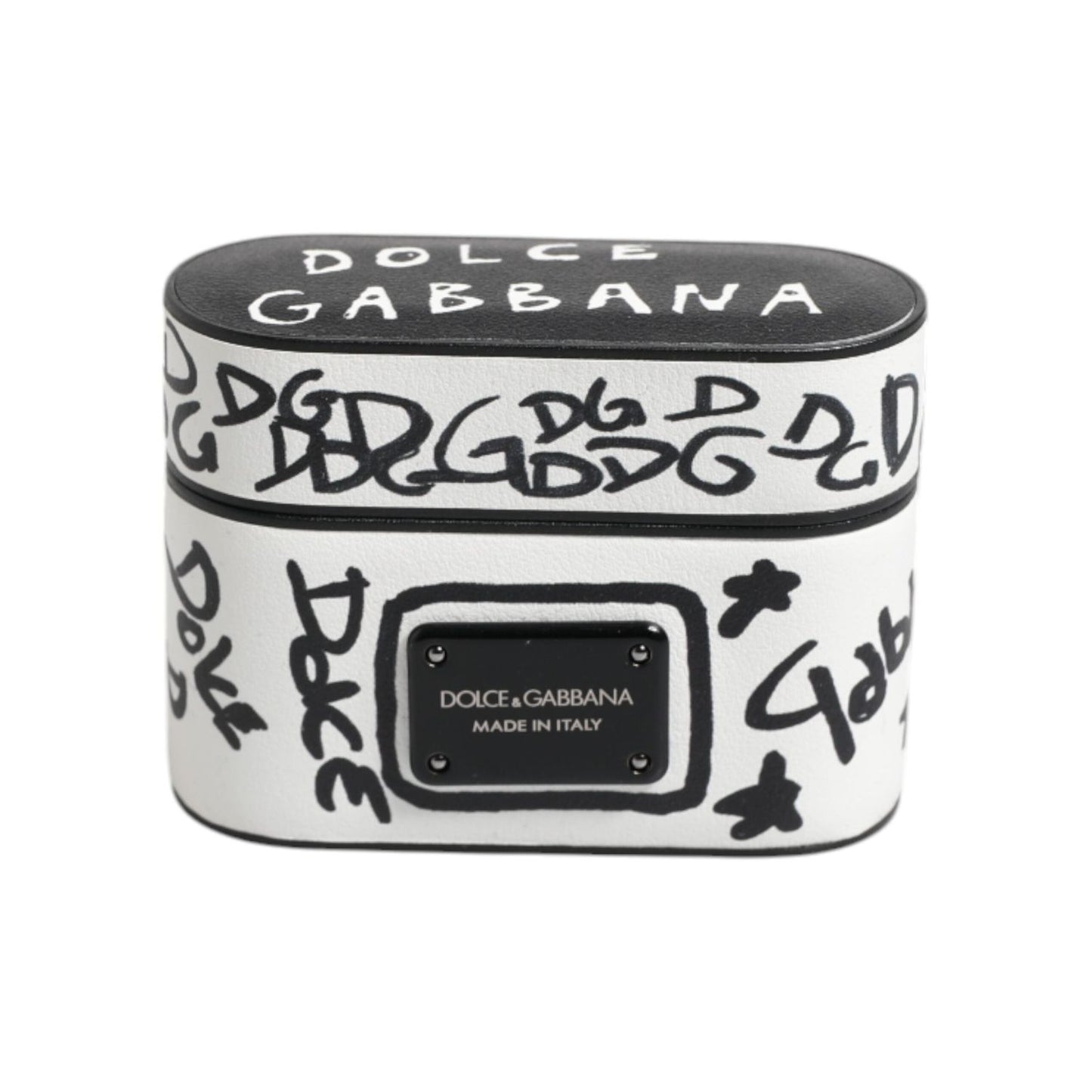 Dolce & Gabbana Black White Leather Scribble Embossed Logo Airpods Case SMY10655