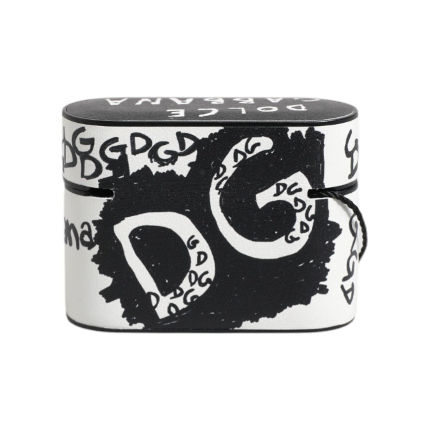 Dolce & Gabbana Black White Leather Scribble Embossed Logo Airpods Case SMY10655