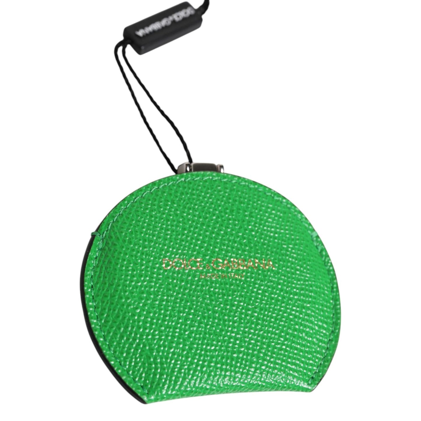 Dolce & Gabbana Green Calfskin Leather Round Logo Hand Mirror Holder SMY10591