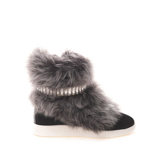 Giuseppe Zanotti Black Neoprene Chunky Sneakers with fur and crystals, side zipper, white rubber sole, round toe.