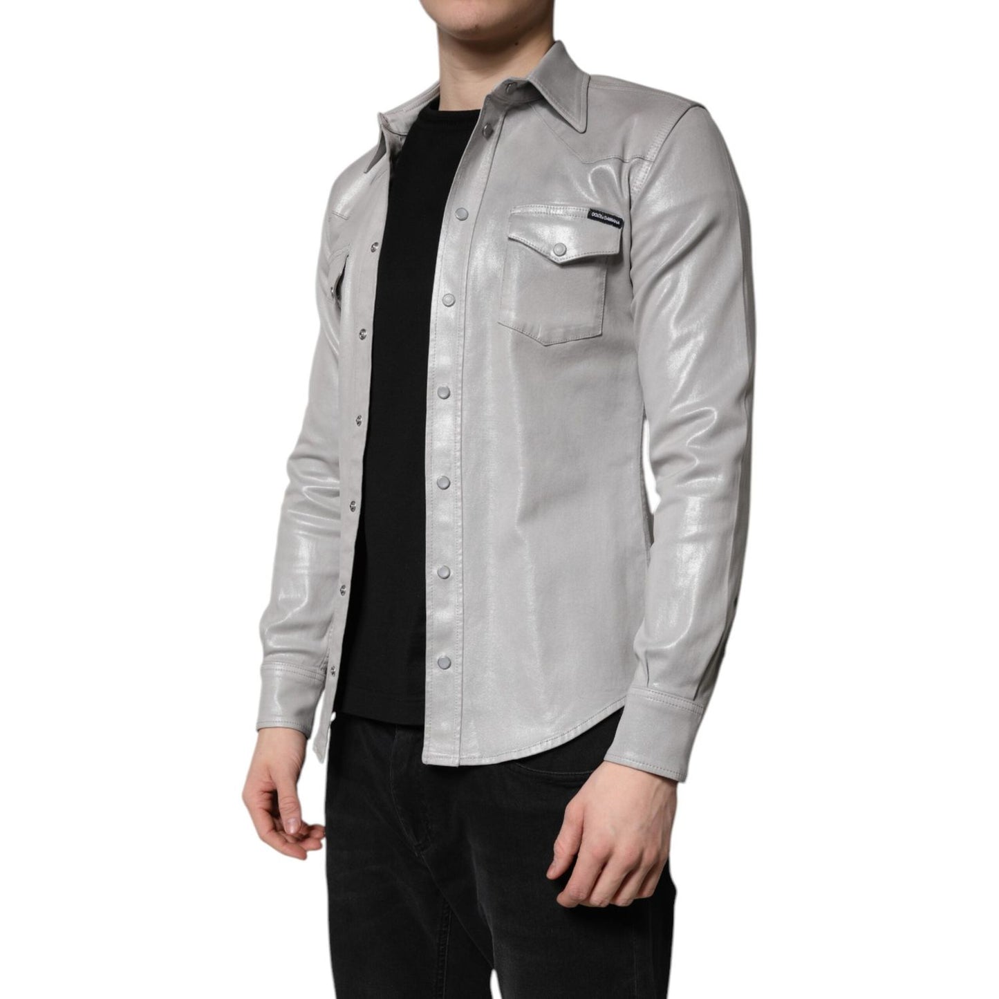 Dolce & Gabbana Metallic Gray Cotton Button Down Shirt TSH878492-43