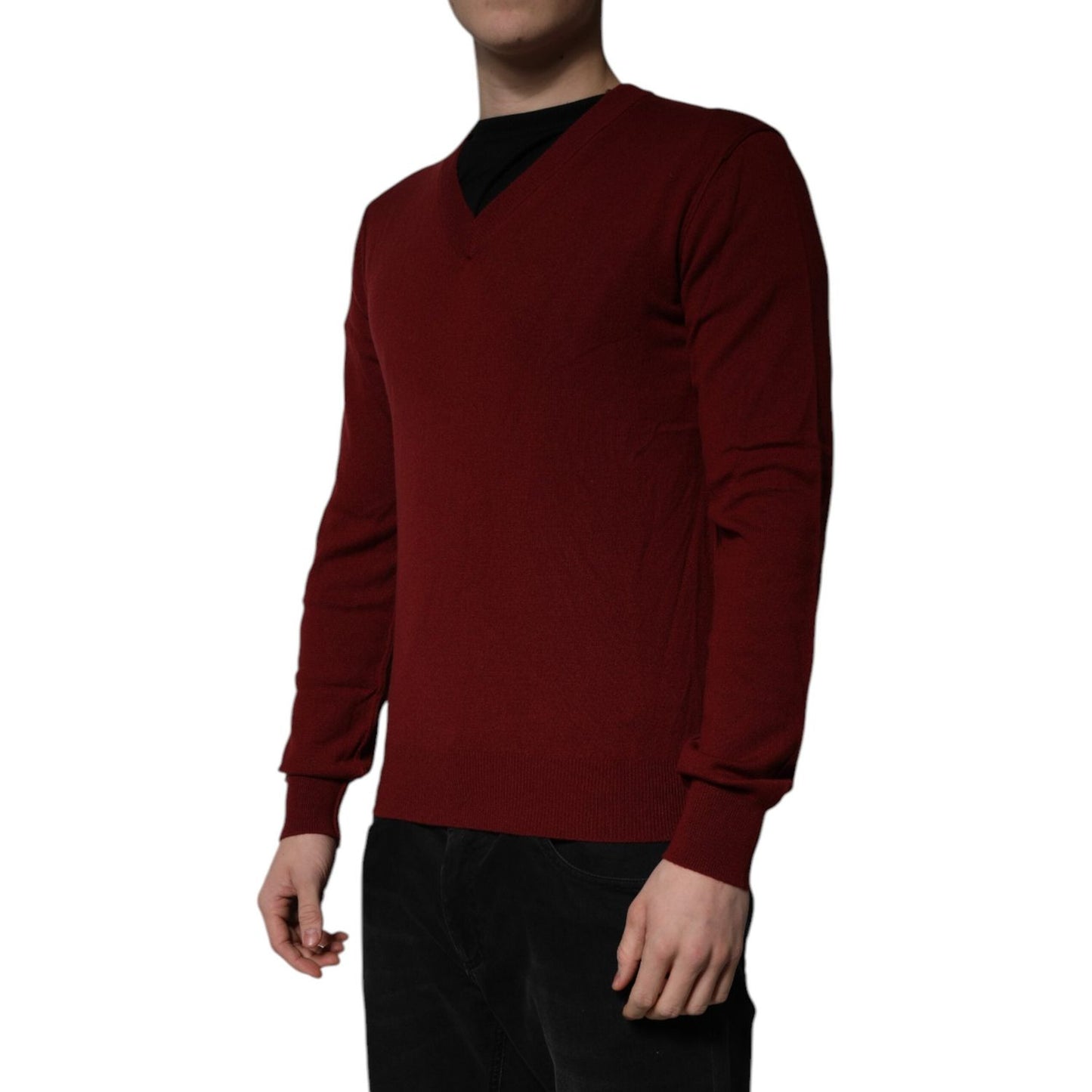 Dolce & Gabbana Maroon Cashmere V-neck Men Pullover Sweater TSH84510-46
