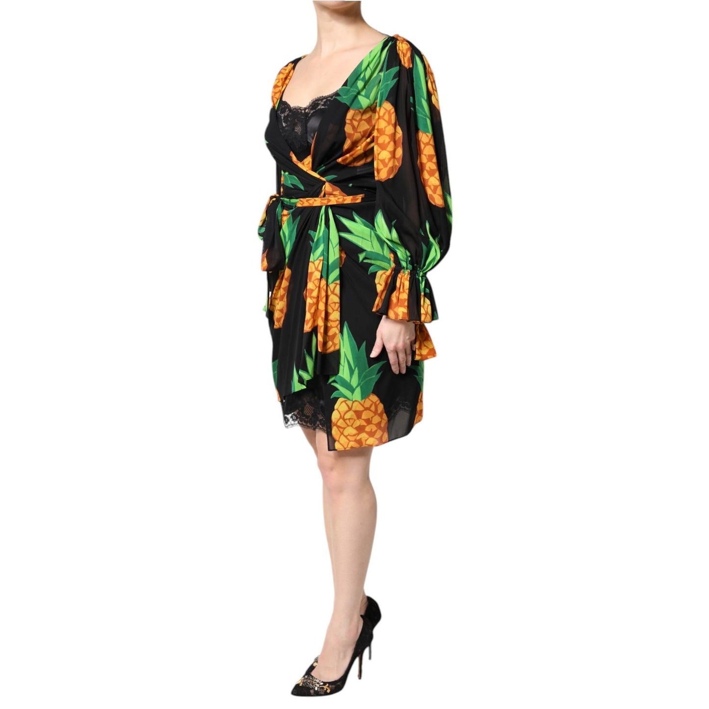 Dolce & Gabbana Black Silk Pineapple Draped Print Wrap Dress DR81681-40
