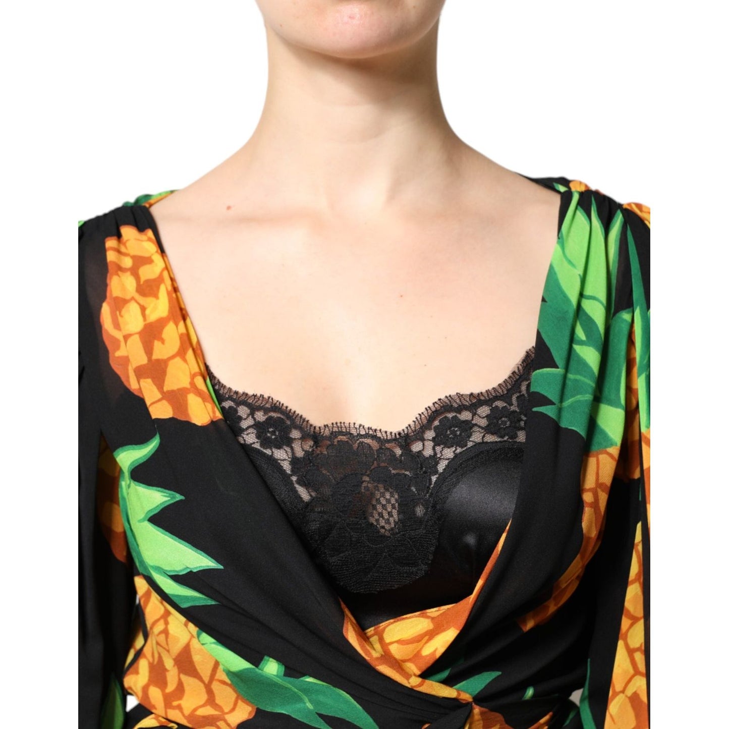 Dolce & Gabbana Black Silk Pineapple Draped Print Wrap Dress DR81681-40