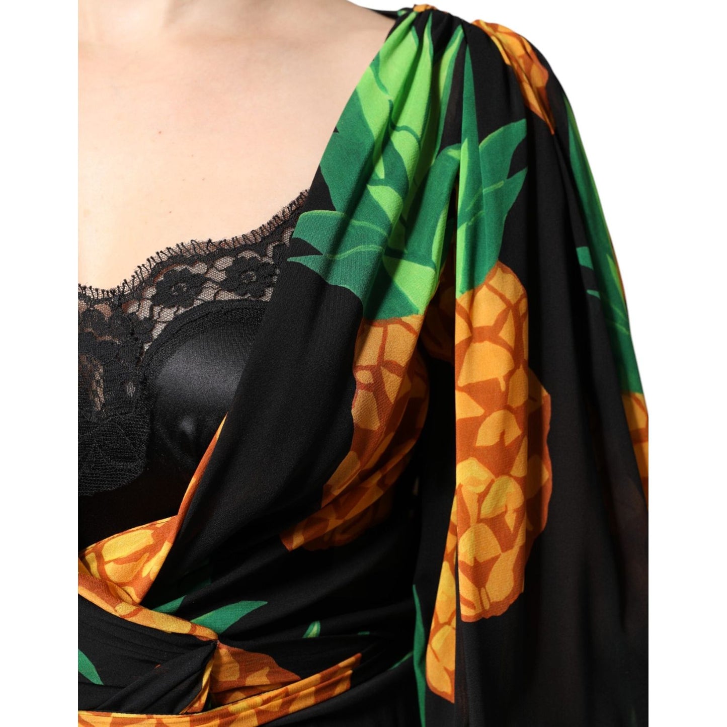 Dolce & Gabbana Black Silk Pineapple Draped Print Wrap Dress DR81681-40