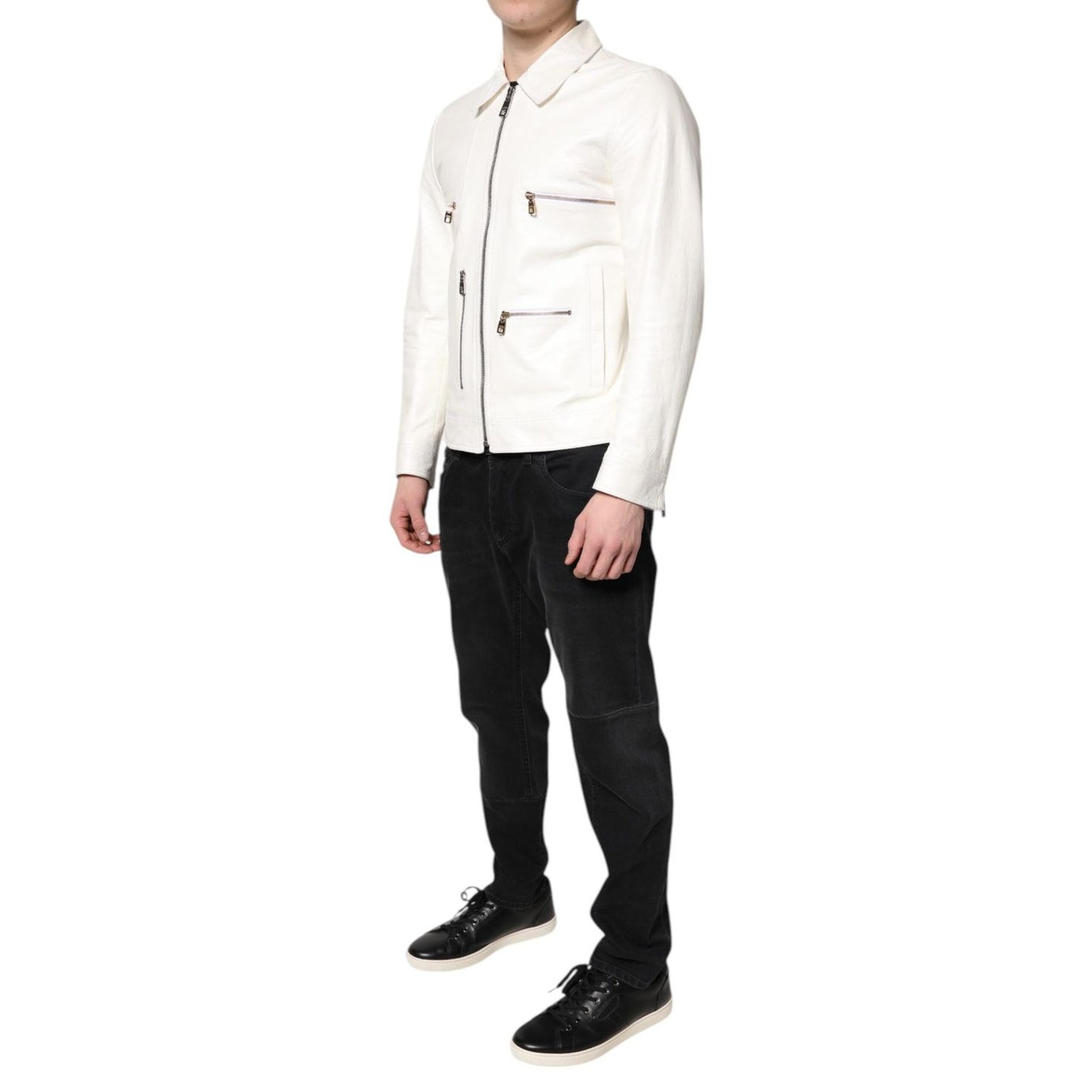 Dolce & Gabbana White Collared Full Zip Biker Coat Jacket JKT4160-48