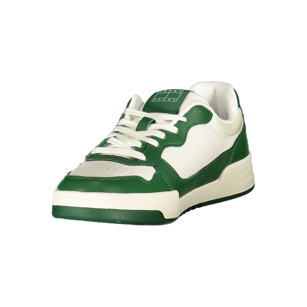 Tommy Hilfiger White Leather Men Sneaker with green accents, featuring sleek design and removable insole for style and comfort.