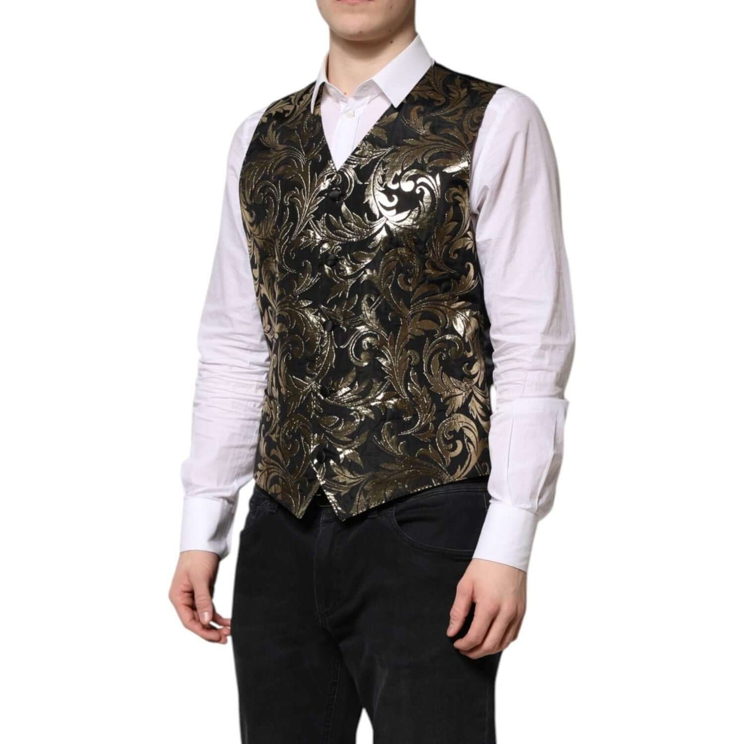 Dolce & Gabbana Black Gold Jacquard Formal Men Waistcoat Vest TSH90463-50