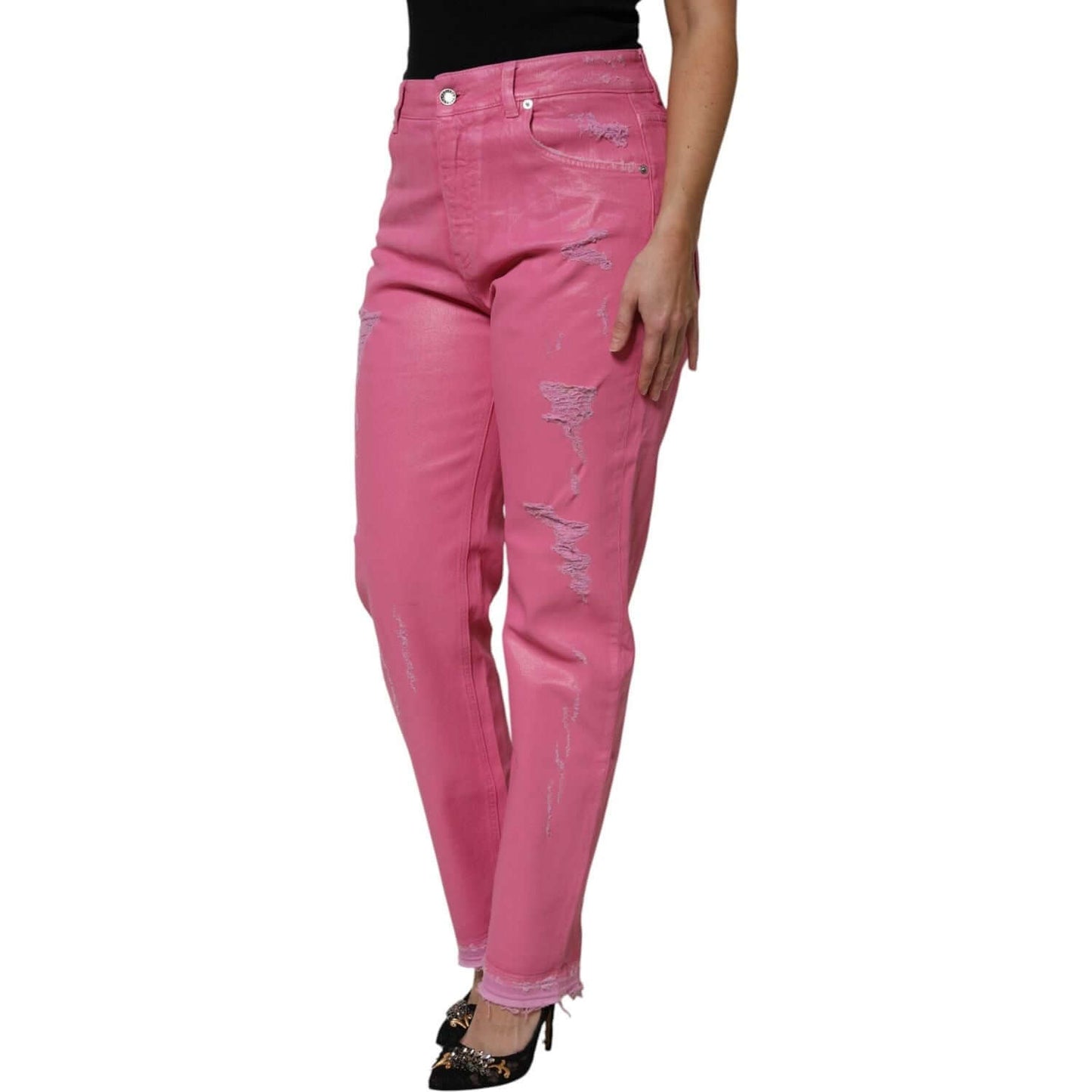 Dolce & Gabbana Pink Tattered Mid Waist Tapered Denim Jeans PAN76311-36