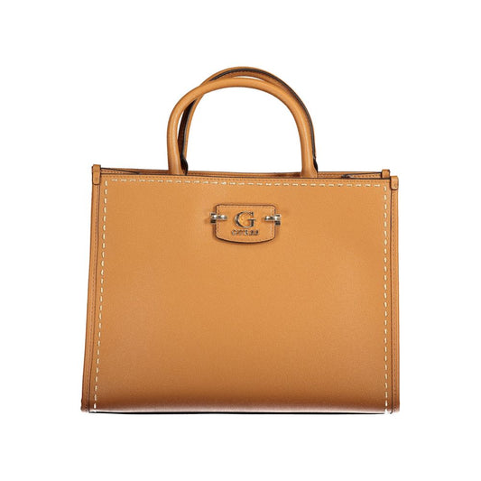 Guess Jeans Brown Polyethylene Handbag with ribbon, handles, and adjustable strap.