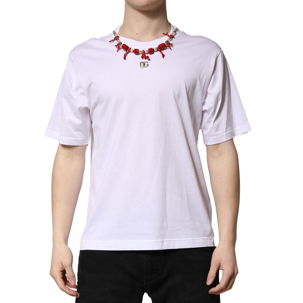 Dolce & Gabbana White Embellished Cotton Crew Neck T-shirt TSH90704-48