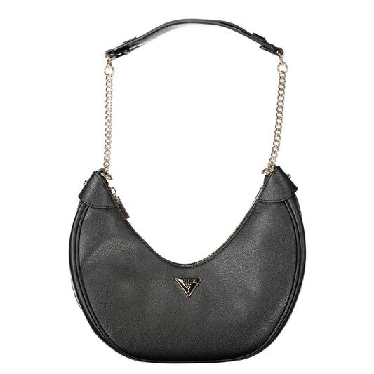 Guess Jeans Black Polyethylene Women Handbag with chain shoulder handle, featuring bold contrasting details and iconic Guess logo.