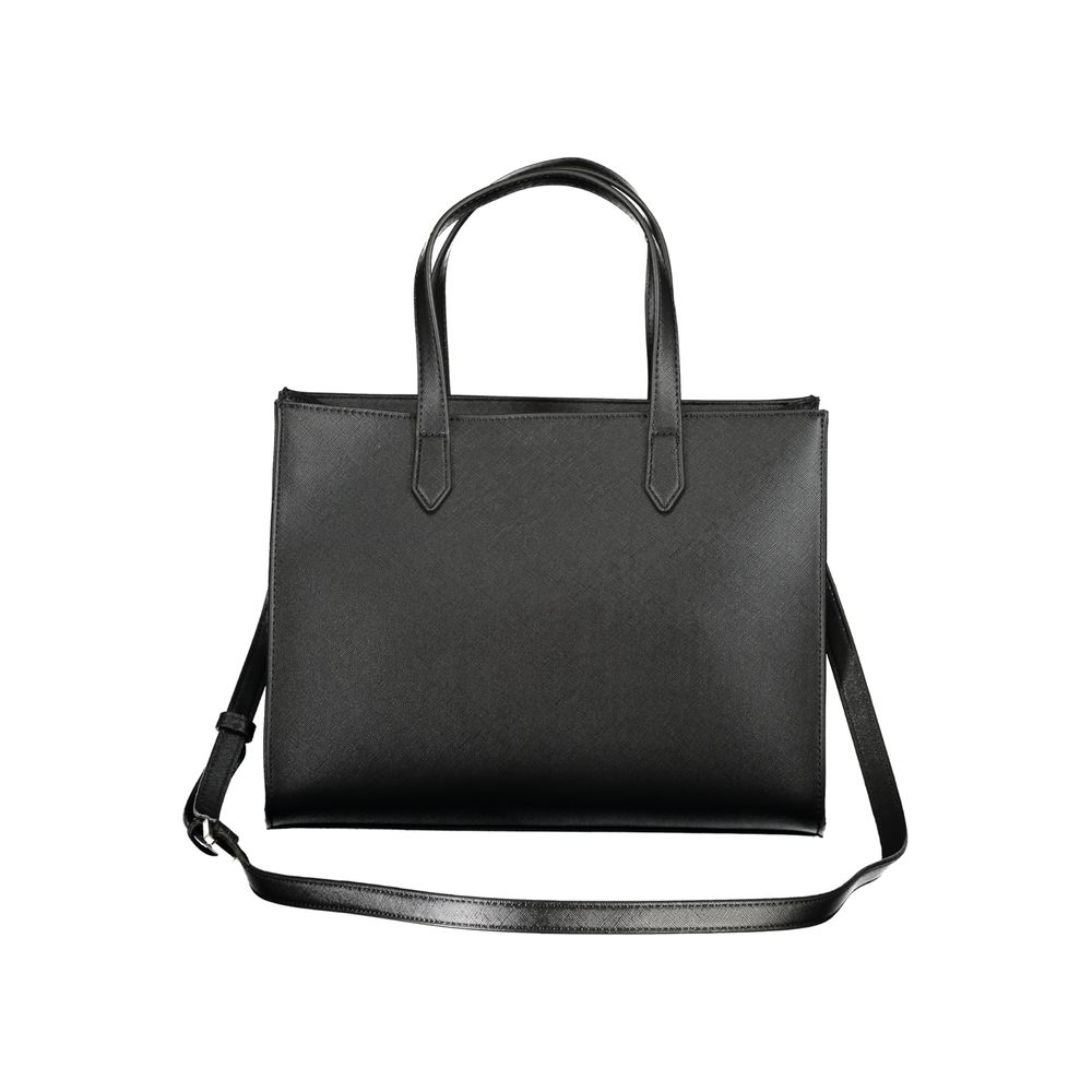Mario Valentino Black Polyethylene Handbag with handles, shoulder strap, internal pockets, contrasting details, and logo.