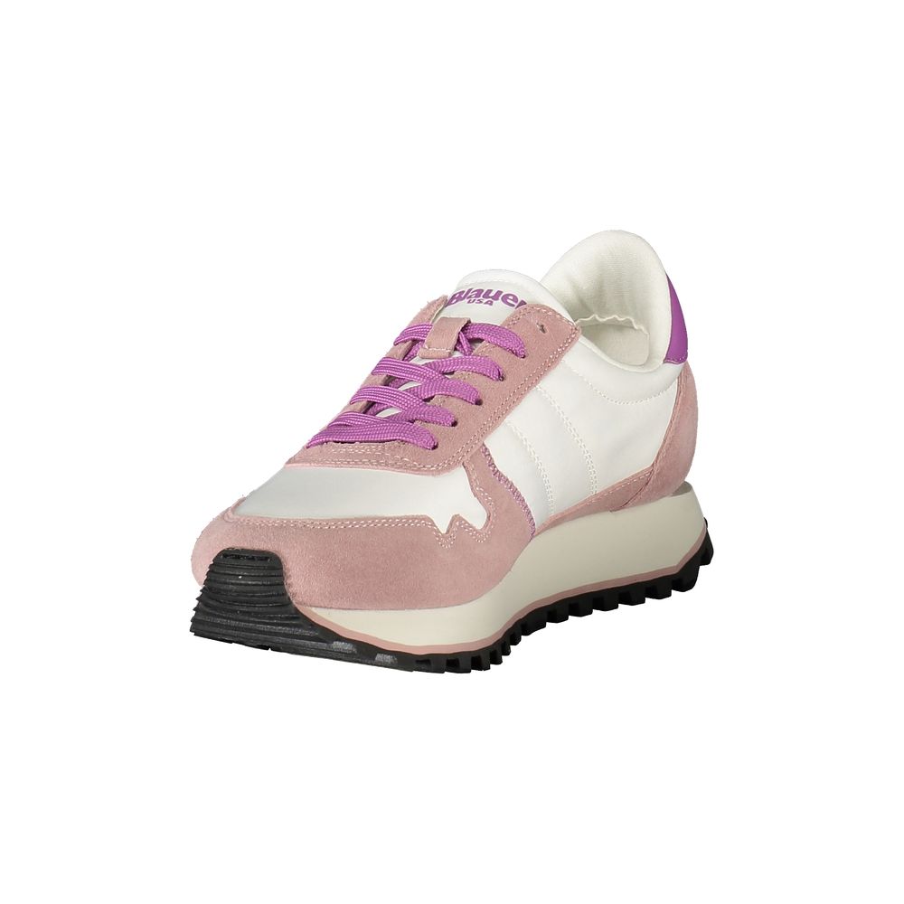 Blauer White Leather Women Sneaker with pink accents, featuring bold contrast details, Blauer logo, and durable leather-polyester blend.