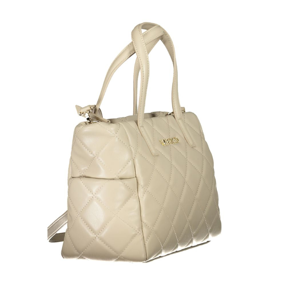 Mario Valentino Beige Polyethylene Handbag with quilted design, adjustable strap, logo detail, and multiple pockets.