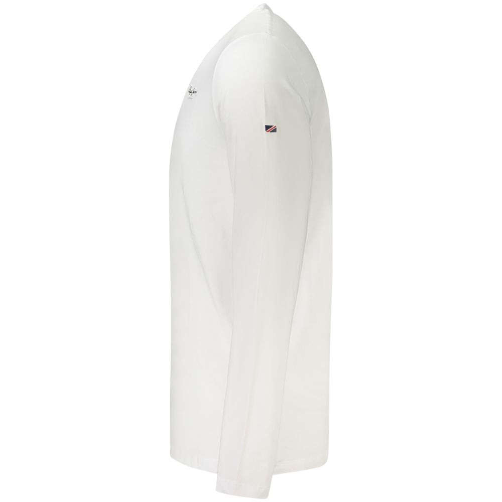 Side view of Pepe Jeans White Cotton Men T-Shirt, slim-fit with long sleeves, showcasing the iconic Pepe Jeans logo and classic crew neck design.