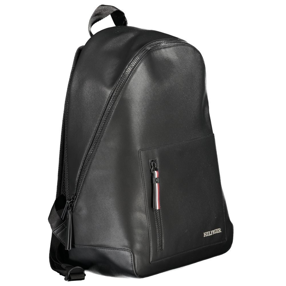 Tommy Hilfiger Black Polyester Backpack with adjustable straps, external pocket, and recycled polyester material.