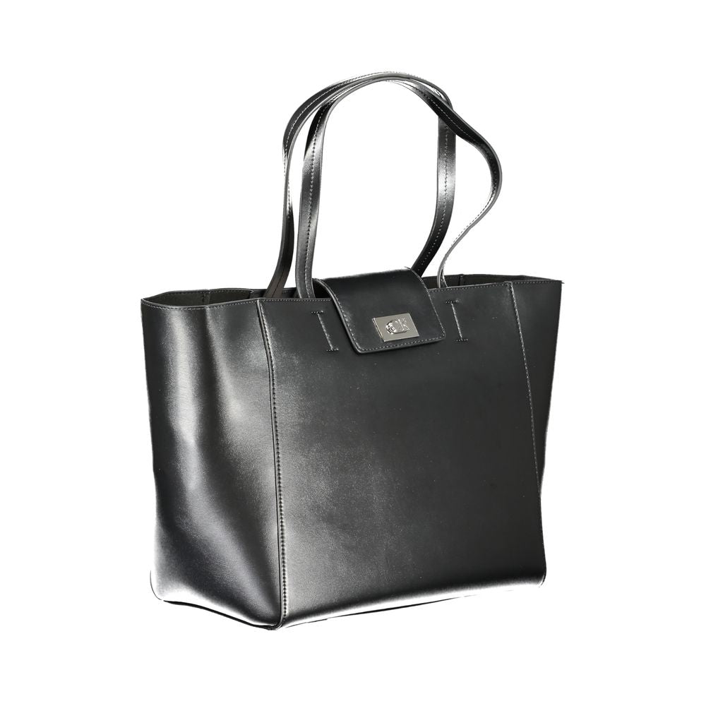 Calvin Klein Black Polyester Handbag with dual shoulder handles, internal pocket, snap closure, and logo detailing made from recycled polyester