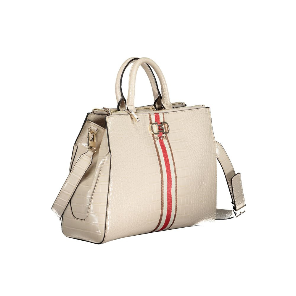 Guess Jeans Beige Polyethylene Handbag with adjustable strap, multiple compartments, and logo detailing. Stylish and functional design.