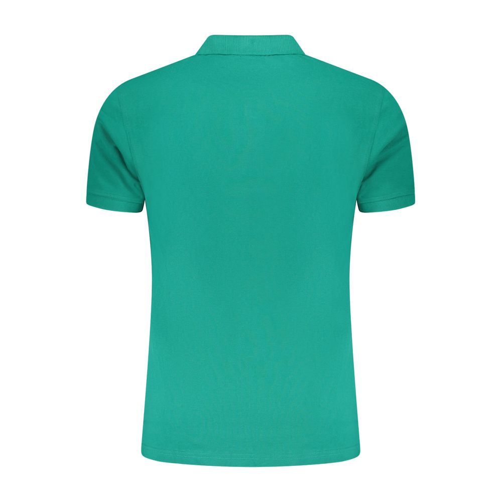 Back view of Cavalli Class Green Cotton Men Polo Shirt, short sleeves, bold green color, iconic design.