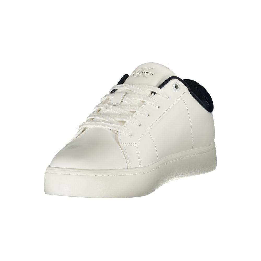 Calvin Klein White Leather Men Sneaker with blue accents and recycled rubber sole, offering fashionable comfort and sustainability.