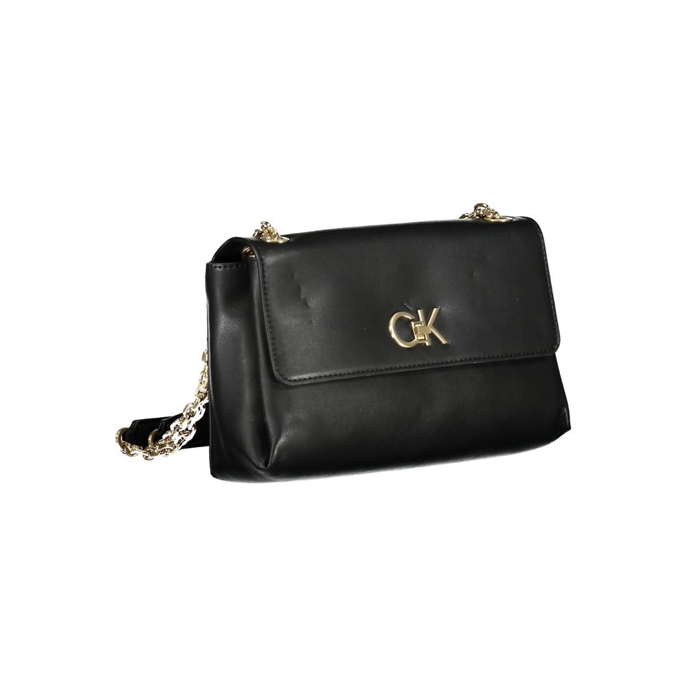 Calvin Klein Black Polyester Handbag with chain shoulder handles and logo, featuring external pocket and contrasting details.