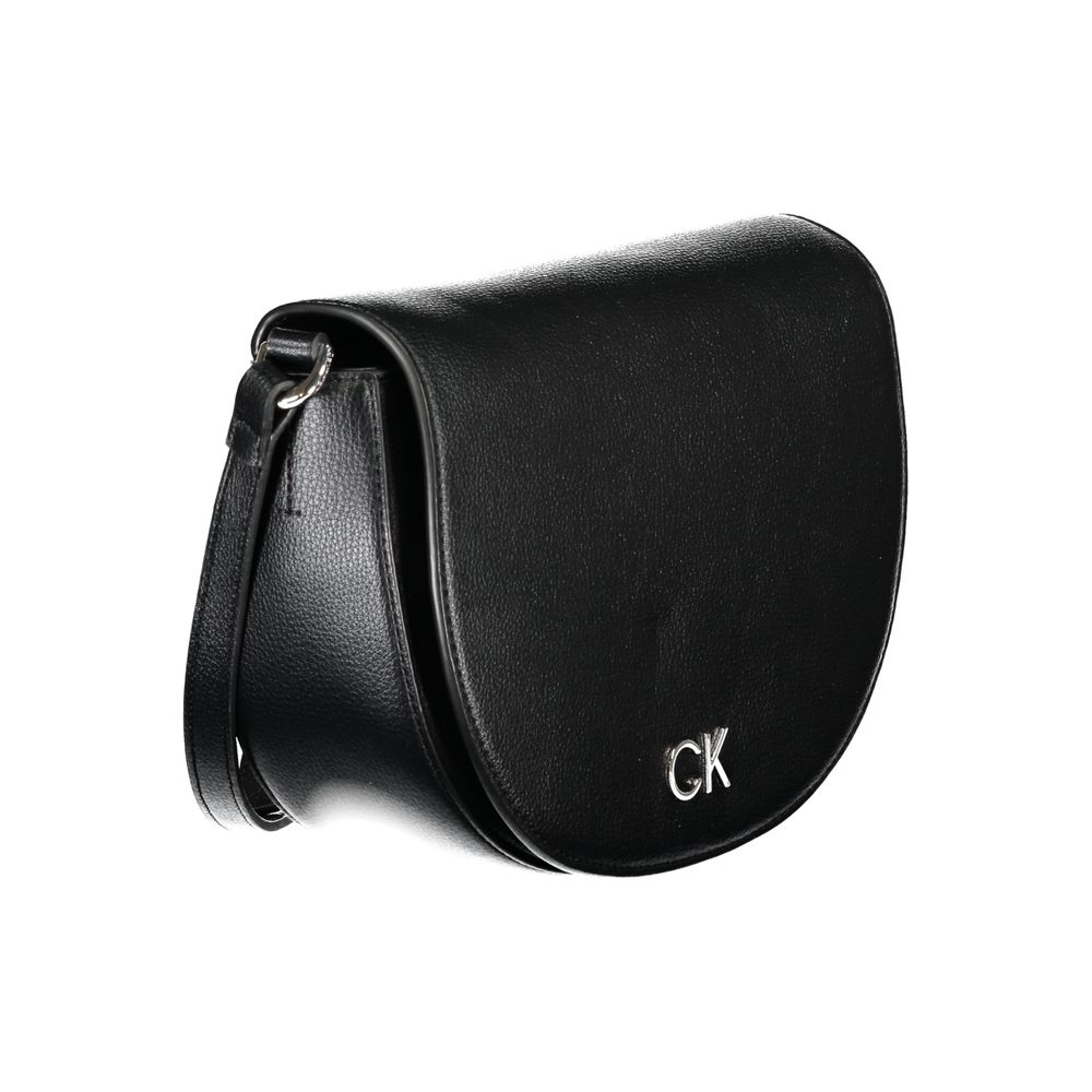 Calvin Klein Black Polyethylene Handbag with adjustable shoulder strap, internal card pocket, and magnetic closure, featuring CK logo.