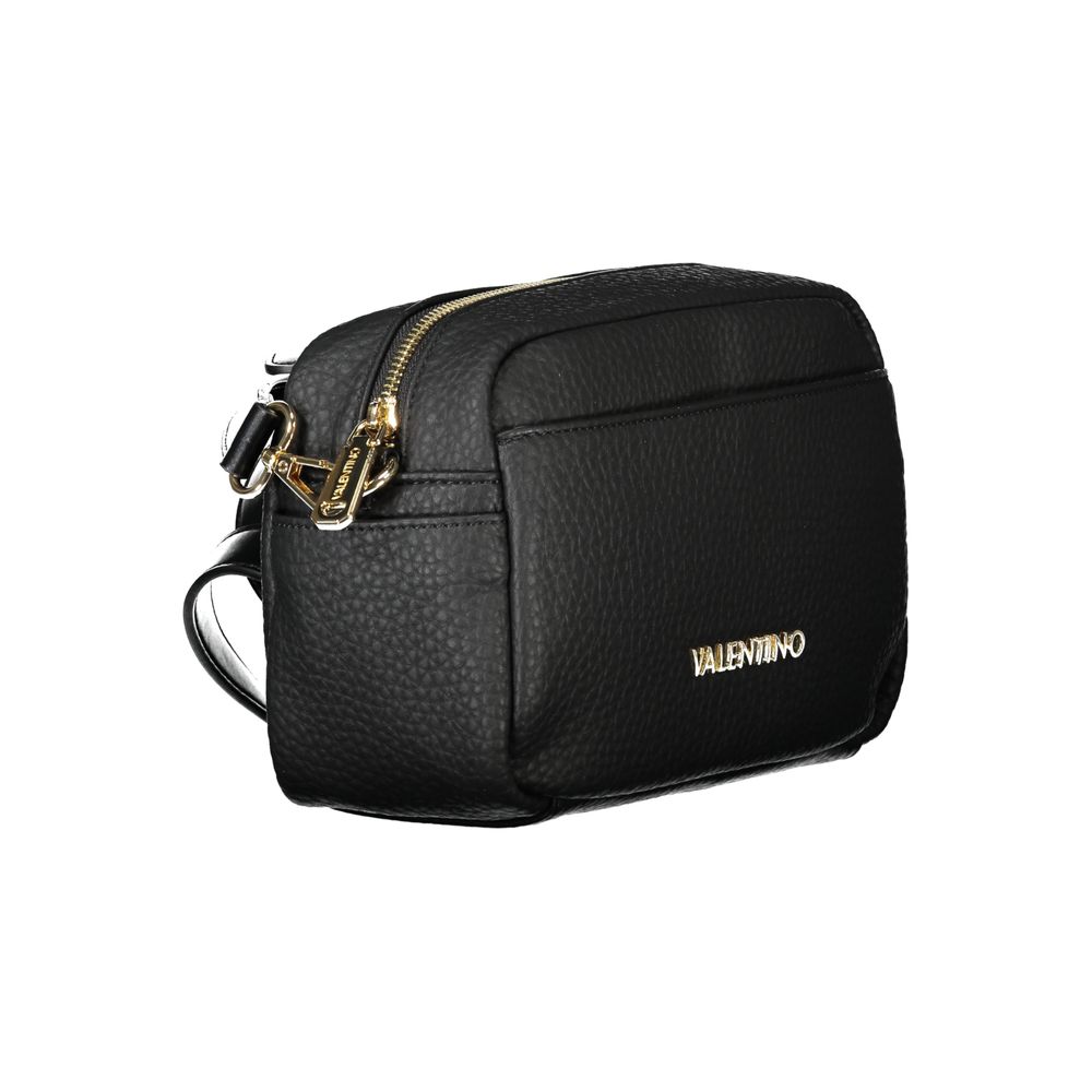 Mario Valentino Black Polyethylene Handbag with gold zip, adjustable shoulder strap, external pocket, and logo detail. Recycled material.