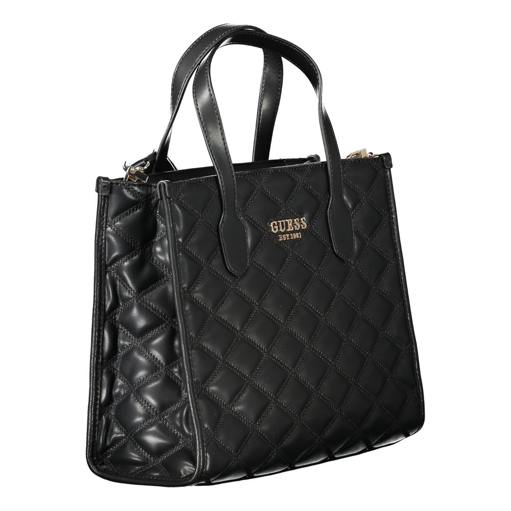 Guess Jeans Black Polyethylene Handbag with quilted design, two handles, adjustable strap, external pocket, and logo detailing.