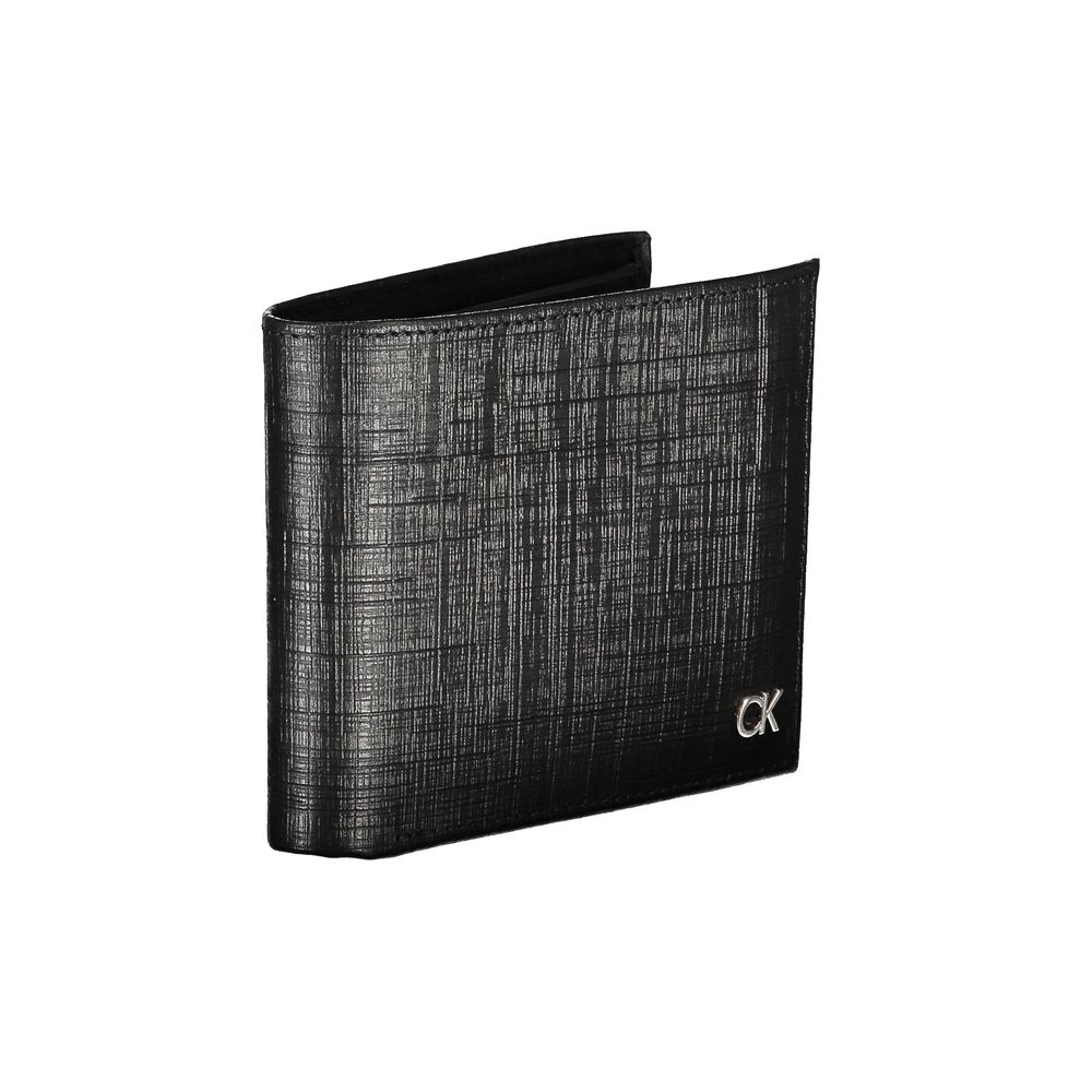 Calvin Klein Black Leather Wallet with RFID blocking, card slots, coin purse, contrast details, and logo displayed.