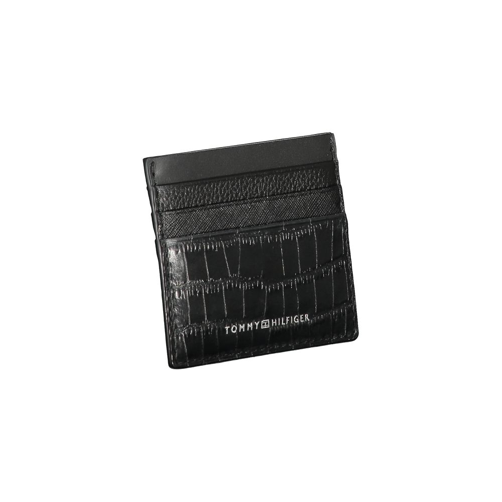 Tommy Hilfiger Black Leather Wallet with card holder, contrast details, and logo.